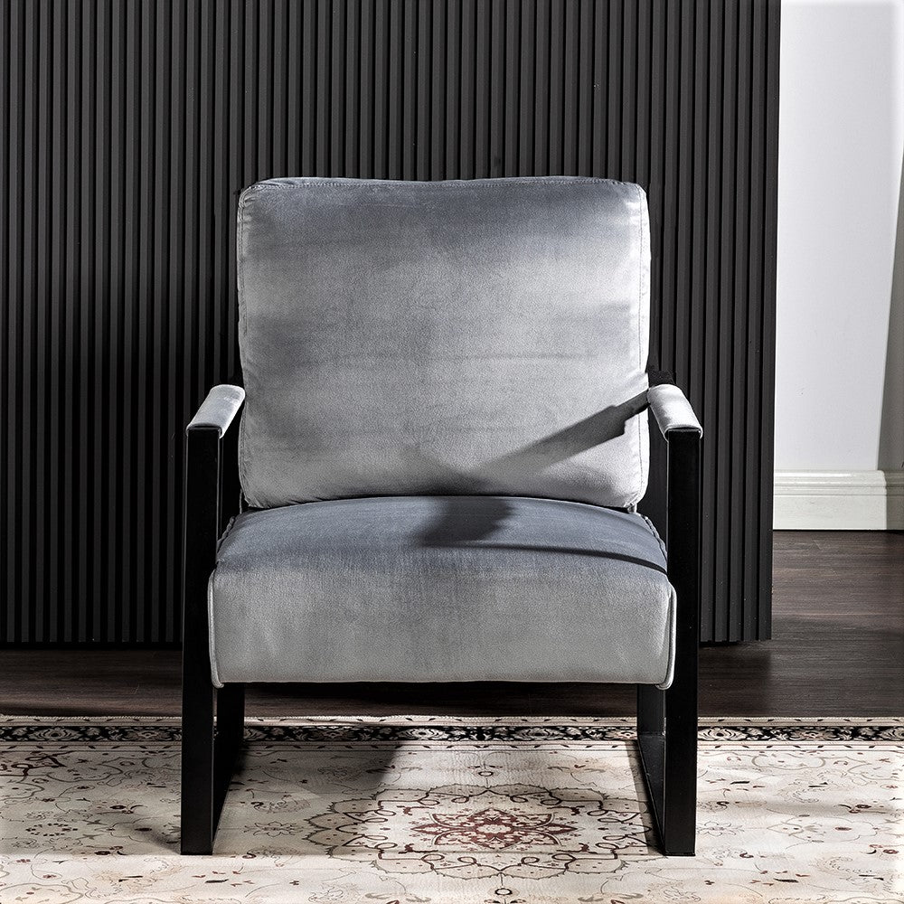 Classic Mid Century Modern Accent Chair With Durable Square Metal Frame, Armchair For Living Room, Bedroom, Home Office In Plush Velvet Upholstery, Grey