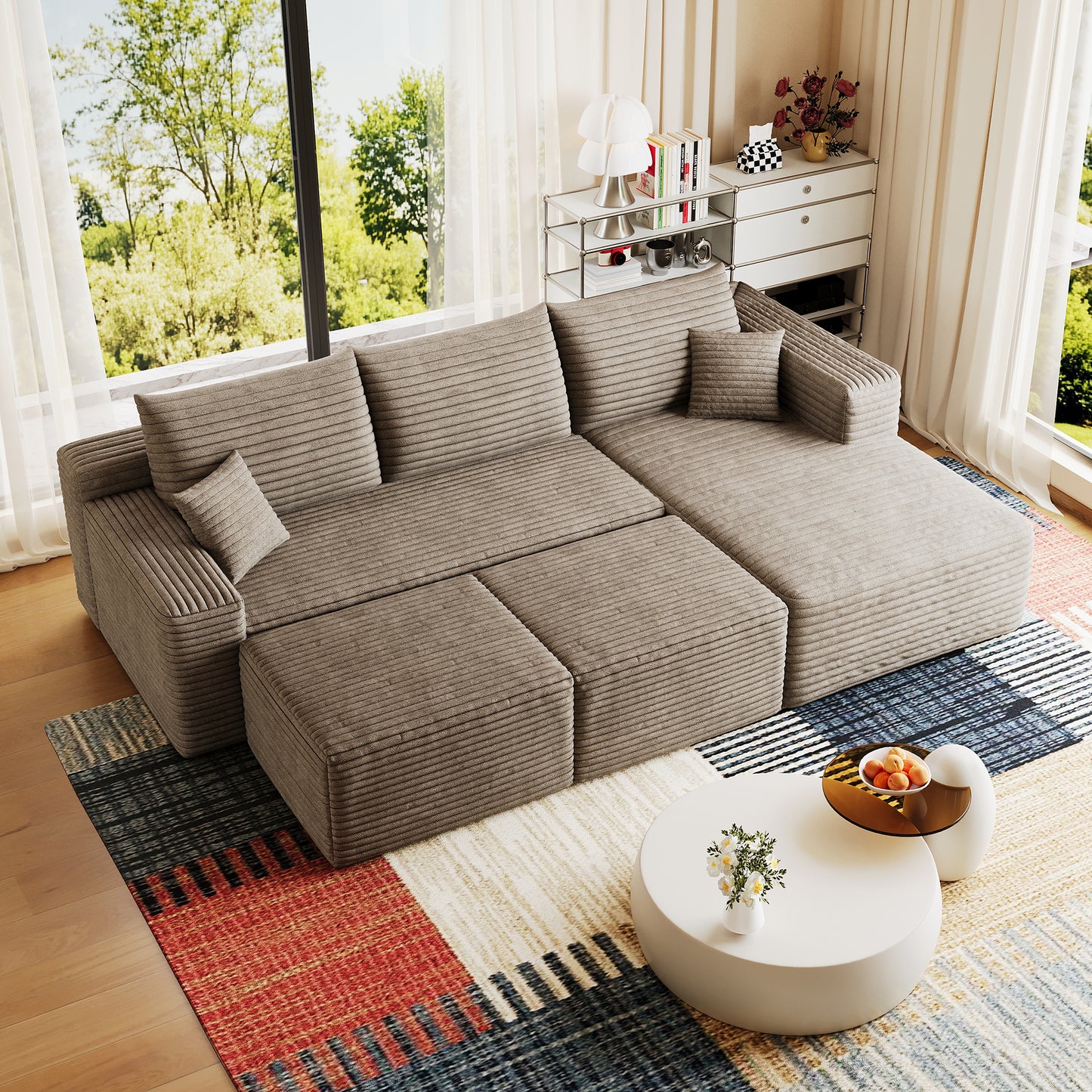 95 Cloud Sectional Sofa With 2 Ottoman,Modern Minimalist Upholstered Couches, Comfort U Shaped Sofa For Living Room,Deep Seat Corner Couch,No Assembly Required,Camel Plush Corduroy Fabric