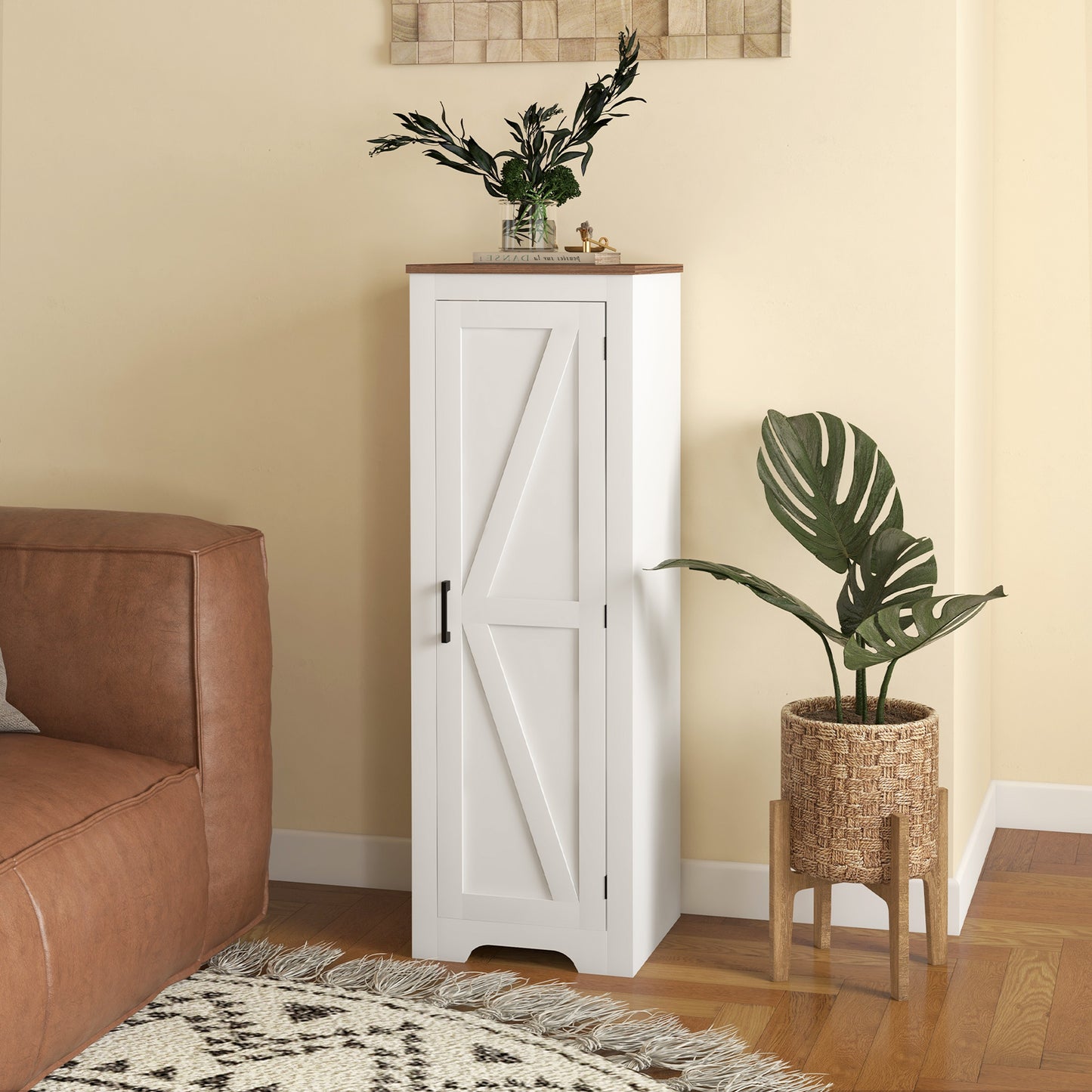 Farmhouse Accent Cabinet With Adjustable Shelf Barn Door Storage Cabinet For Living Room Floor Pantry Cabinet, White