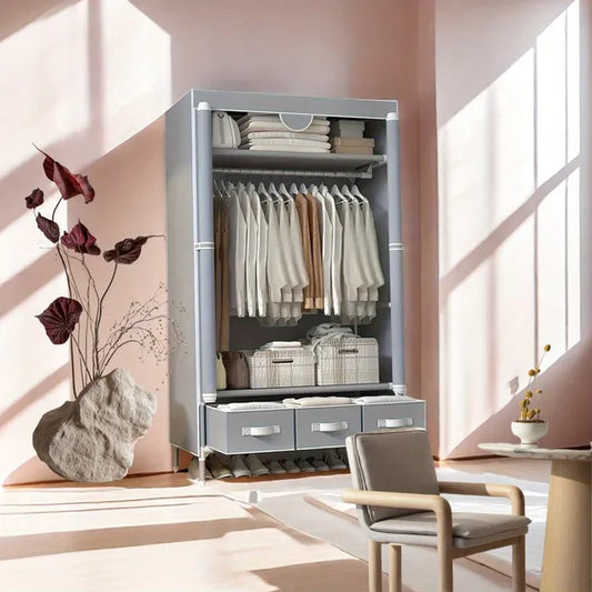 Portable Wardrobe 67x35.4x17.7in - Gray - Rolling Door, Hanging Rack, Non - Woven Fabric Storage & 3 Drawer Boxes, Tool - Free Setup