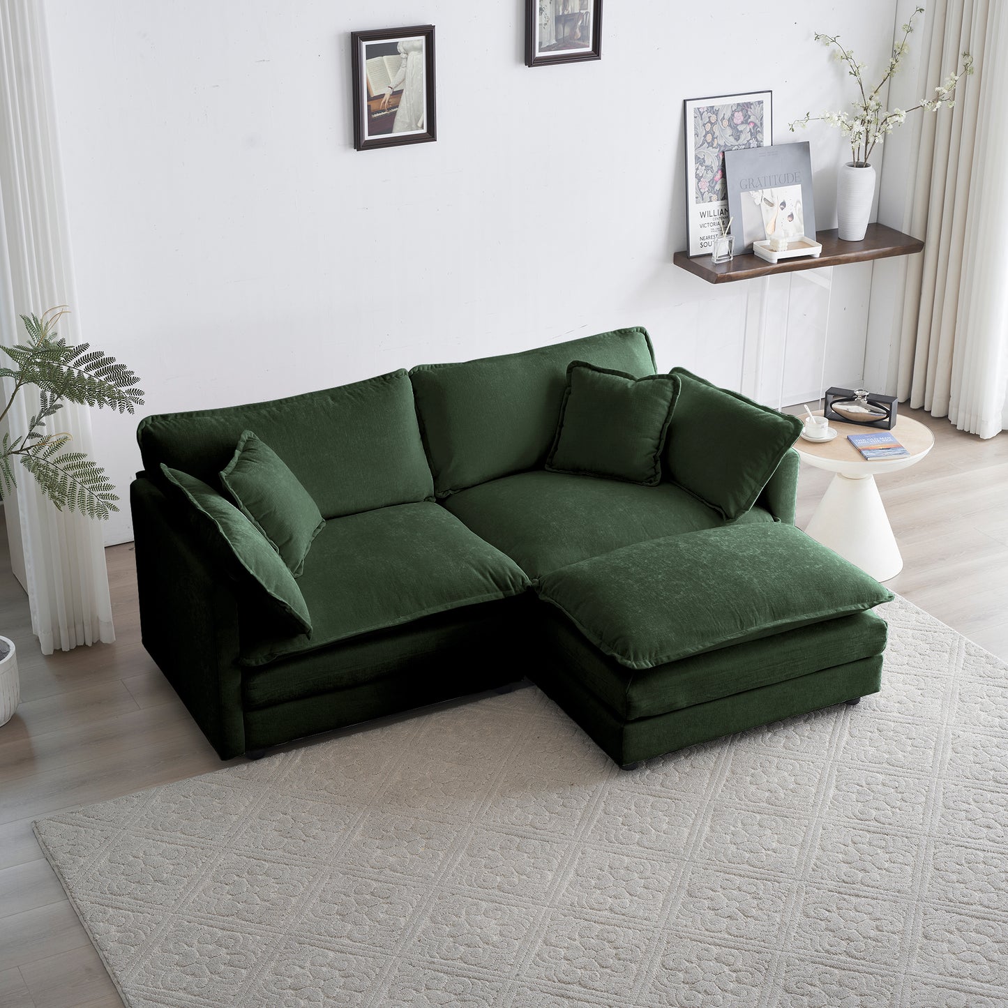 Chenille Two-Seater Sofa With 1 Footrest, 2 Seater L-Shaped Sectional With Ottoman,Loveseat With Ottoman For Small Living Space, Green Chenille