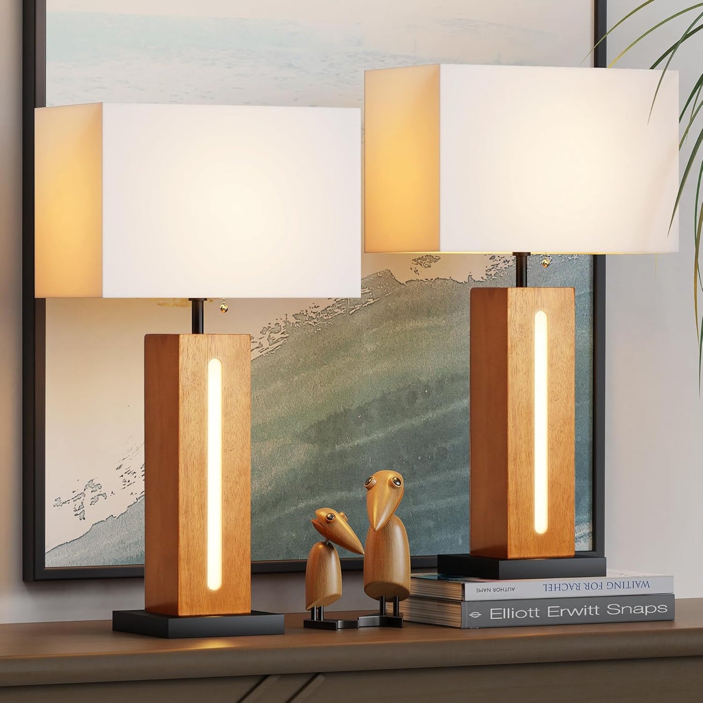 Table Lamps Set Of 2, Modern Dimmable Bedside Lamp With LED Nightlight, Rustic Farmhouse Square Wood Grain Nightstand Lamps With Linen Shades For Living Room Bedroom End Table