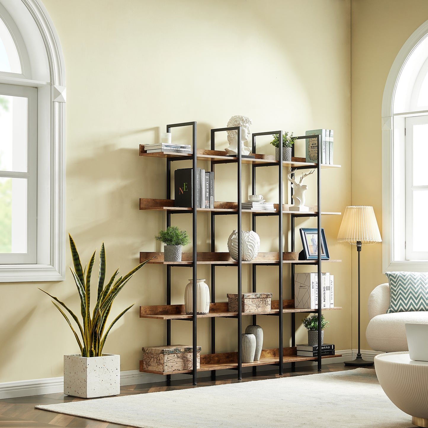 5 Tier Bookcase Home Office Open Bookshelf, Vintage Industrial Style Shelf With Metal Frame, MDF Board