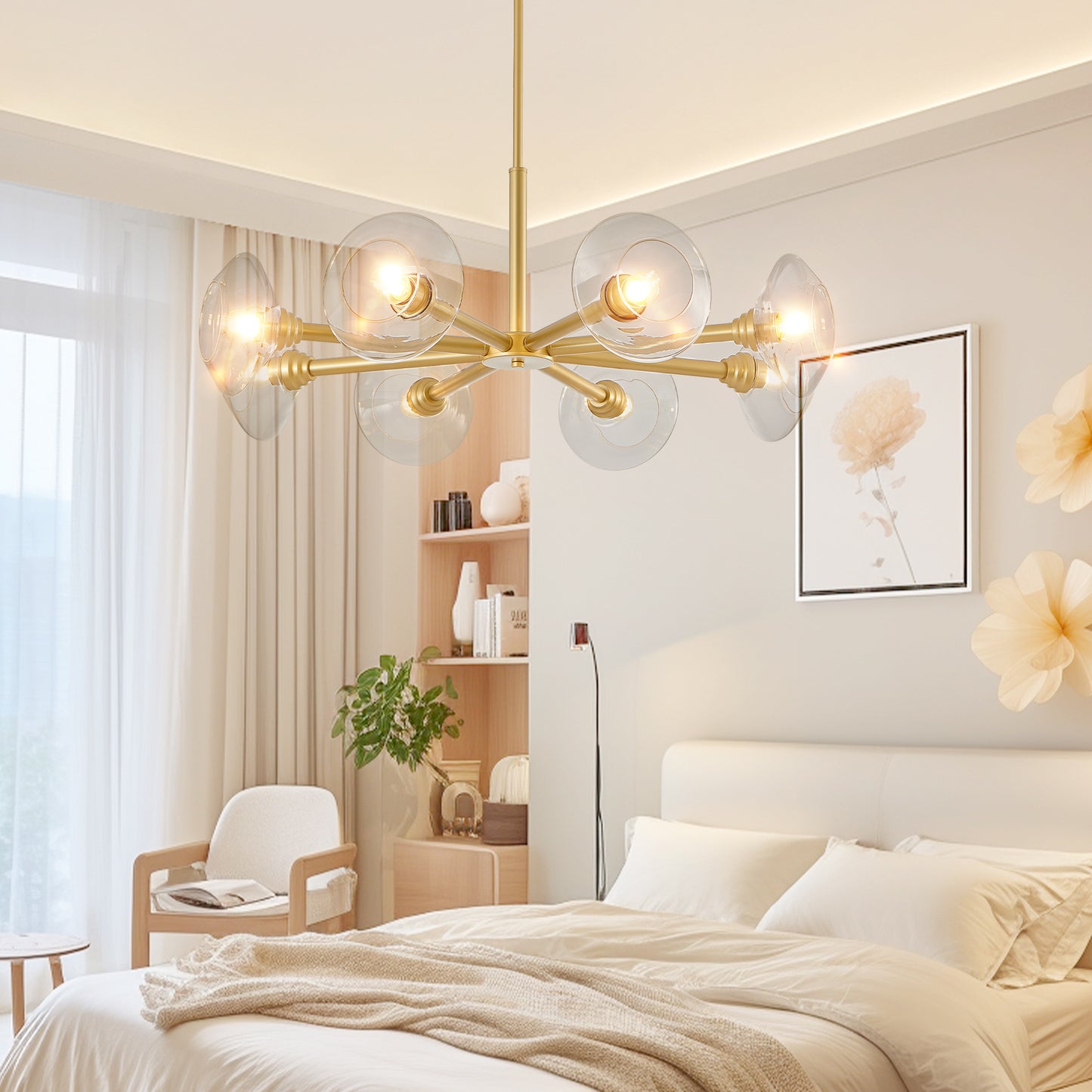 36 Modern Gold 8-Light Sputnik Chandelier With Clear Glass Shades, Mid-Century Hanging Pendant Light Fixture For Dining Room, Living Room, Or Kitchen Bulb Not Included