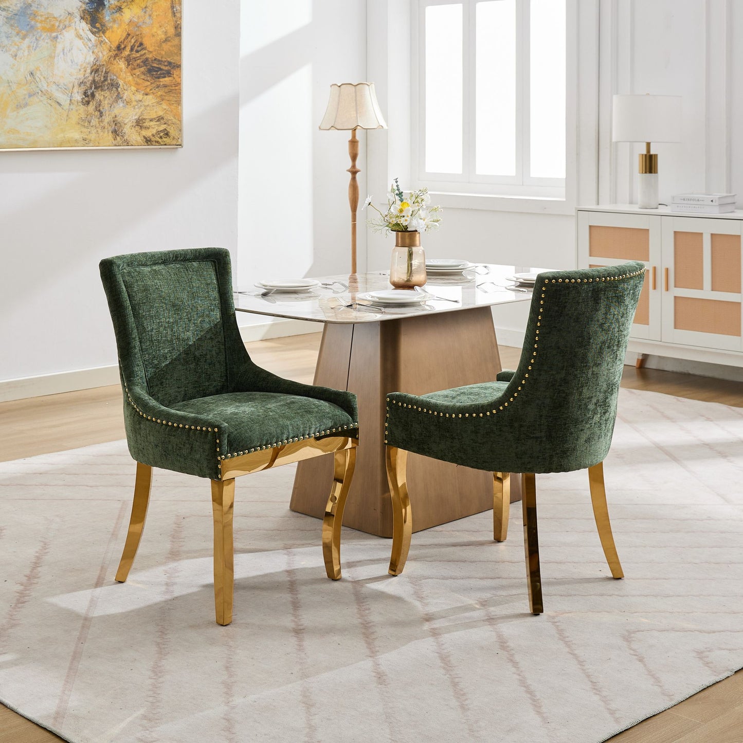 Chenille Dining Chairs, Modern Style With Curved Gold - Plated Legs & Rivet Trim, Upholstered Comfort For Dining Lounge, Accent Seating With Textured Fabric & One - Piece Structure, Green,Set Of 2