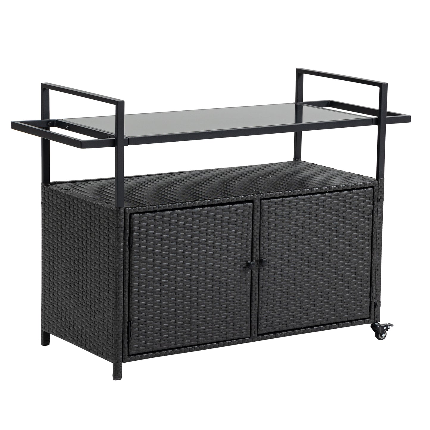 Outdoor Wicker Bar Cart, Patio Wine Serving Cart W Wheels, Rolling Rattan Beverage Bar Counter Table W Glass Top For Porch Backyard Garden Poolside Party, Black