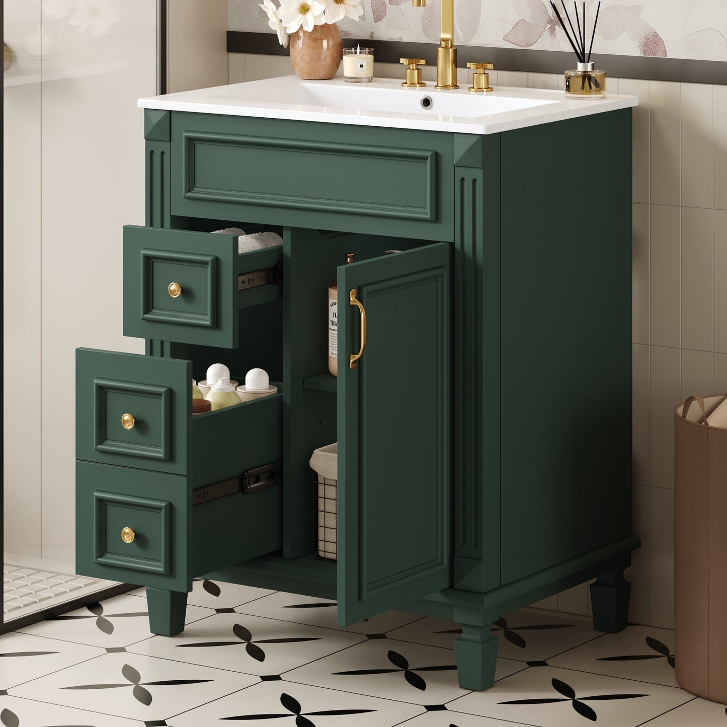 24 Bathroom Vanity With Ceramic Sink, Small Bathroom Sink Cabinet, Modern Cabinet With 2 Drawers And Adjustable Shelf