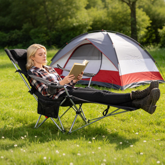 1Pc Reclining Camping Chair With Footrest 4-Position Adjustable Outdoor Folding Chair Heavy Duty Portable Camping Lounge Chair With Headrest Cup Holder & Side Pocket For Outdoor Beach Patio Travel