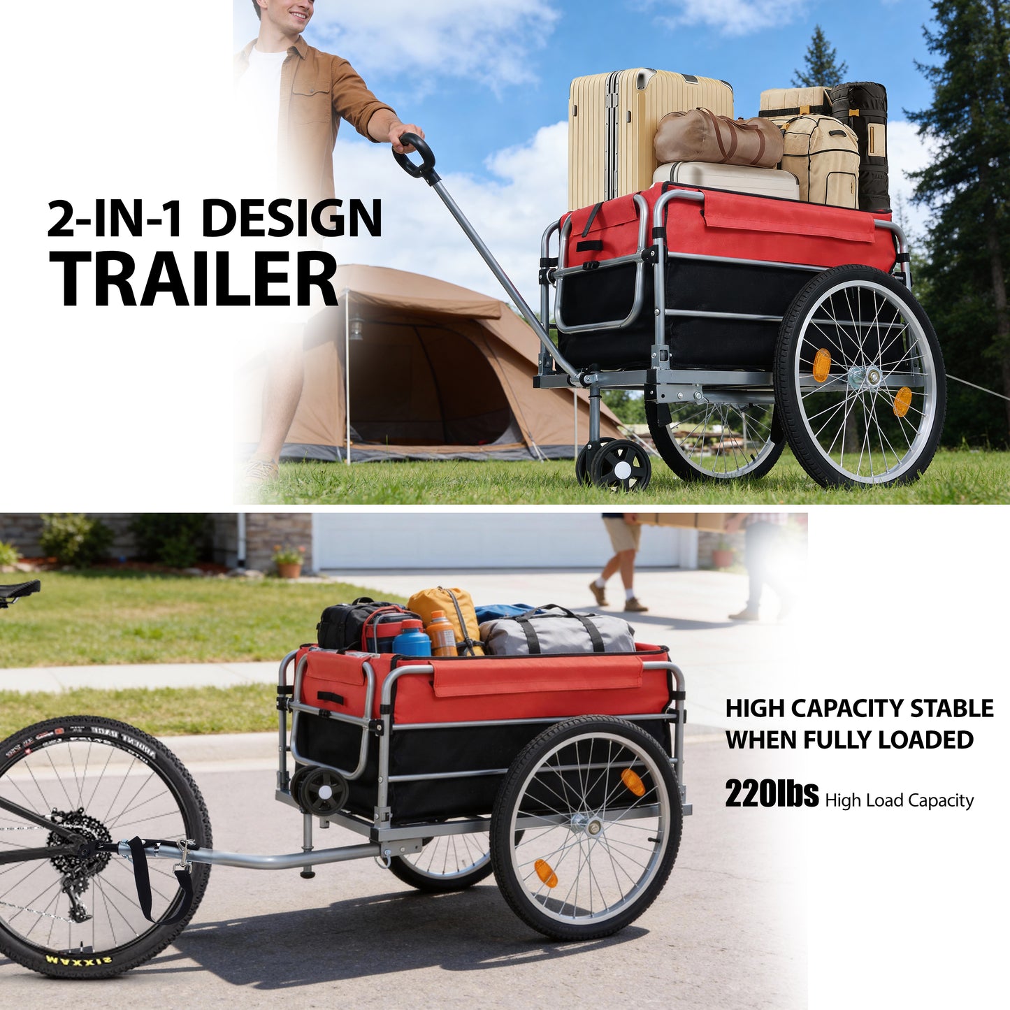 Bike Cargo Trailer, Aluminum Luggage Cart,Heavy Duty 220 Lbs Bicycle Wagon Cart, 20 Whee,l Folding Groceries Hauler With Safe Hitch System, Removable Cover, Oxford Fabric For Cycling Travel
