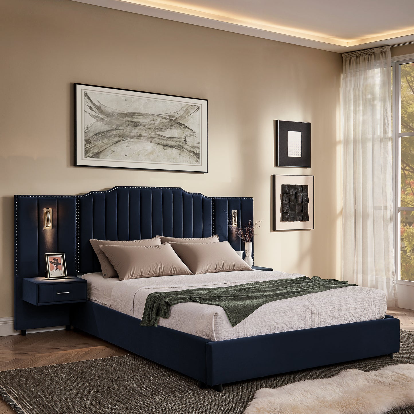 Queen Size Upholstered Bed Frame With Velvet Fabric, Vertical Stripe Design With Buttons Around Platform Bed With Headboard, Solid Frame & Bedside Table - No Box Spring Needed-Dark Blue