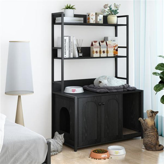 Large Cat Litter Box Enclosure With Shelf Storage, Hidden Cat Washroom Furniture, Wooden Cat House With Scratch Pad, Sturdy Indoor Cat Cabinet With 2 Doors Black