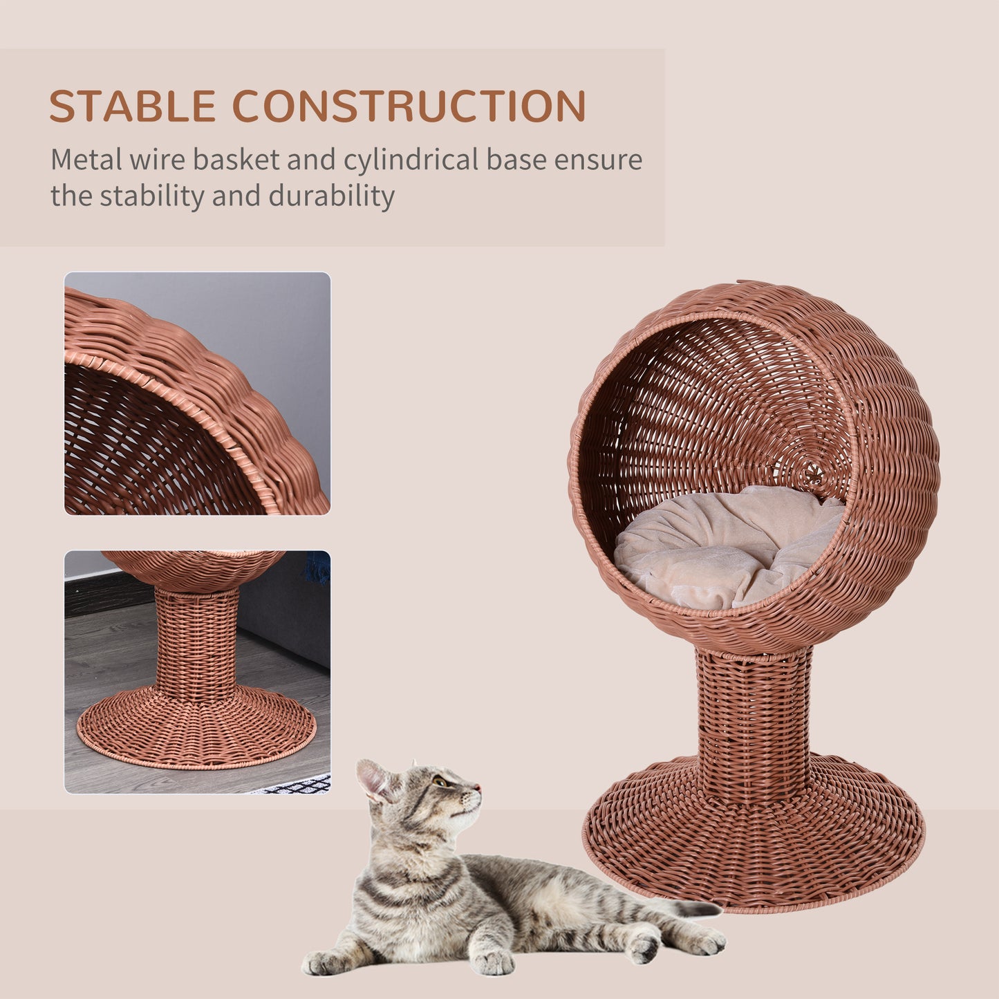 Elevated Cat Bed With Rotatable Egg Chair Pod, Cat Basket Bed With Thick Cushion, Natural Mat Grass Woven Kitty House, Brown