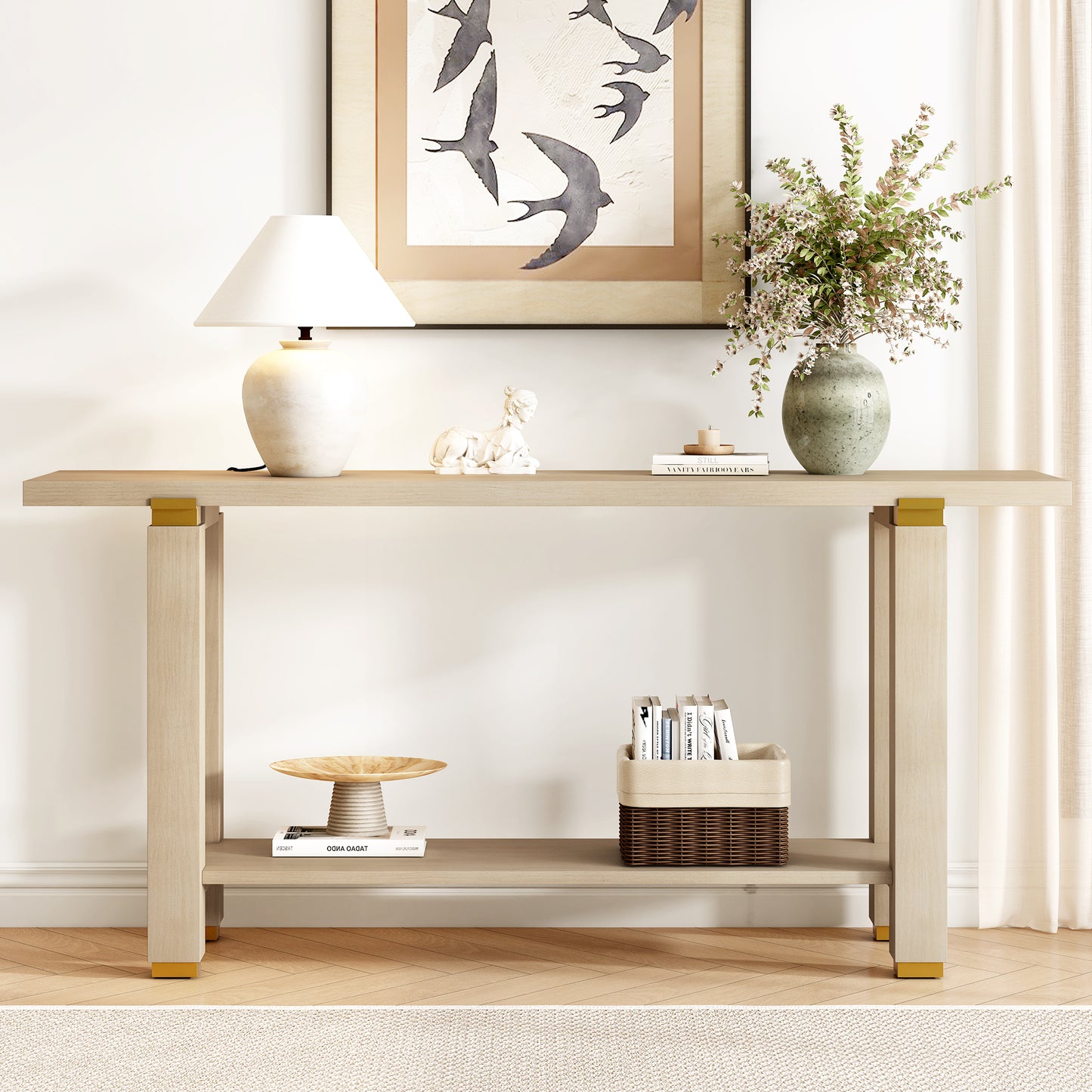 U-Style 62.9 Modern Minimalist Console Table Solid Wood Entryway Sofa Table With Metal Accents Built- In Shelf For Living Room Hallway 3 Colors Black Gray Natural