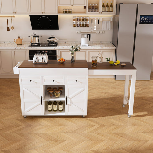 74.8 Kitchen Island With Extendable Dining Table & Power Outlet - Rolling Storage Cart On Wheels With 3 Drawers & 2 Door Cabinet For Dining Room White