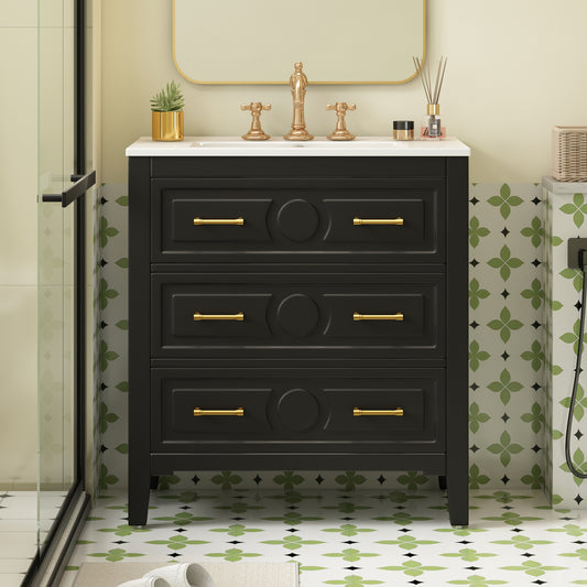 30 Bathroom Vanity With Ceramic Sink Combo, Free Standing Single Vanity Set With 3 Drawers, Solid Wood Frame Bathroom Storage Cabinet, Black