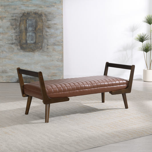52 Mid Century Bench With Walnut Wood Leg,Channeled Upholstered Footrest Stool For Kitchen, Living Room, Bedroom, Entryway, End Of Bed. PU Cognac, Light Brown