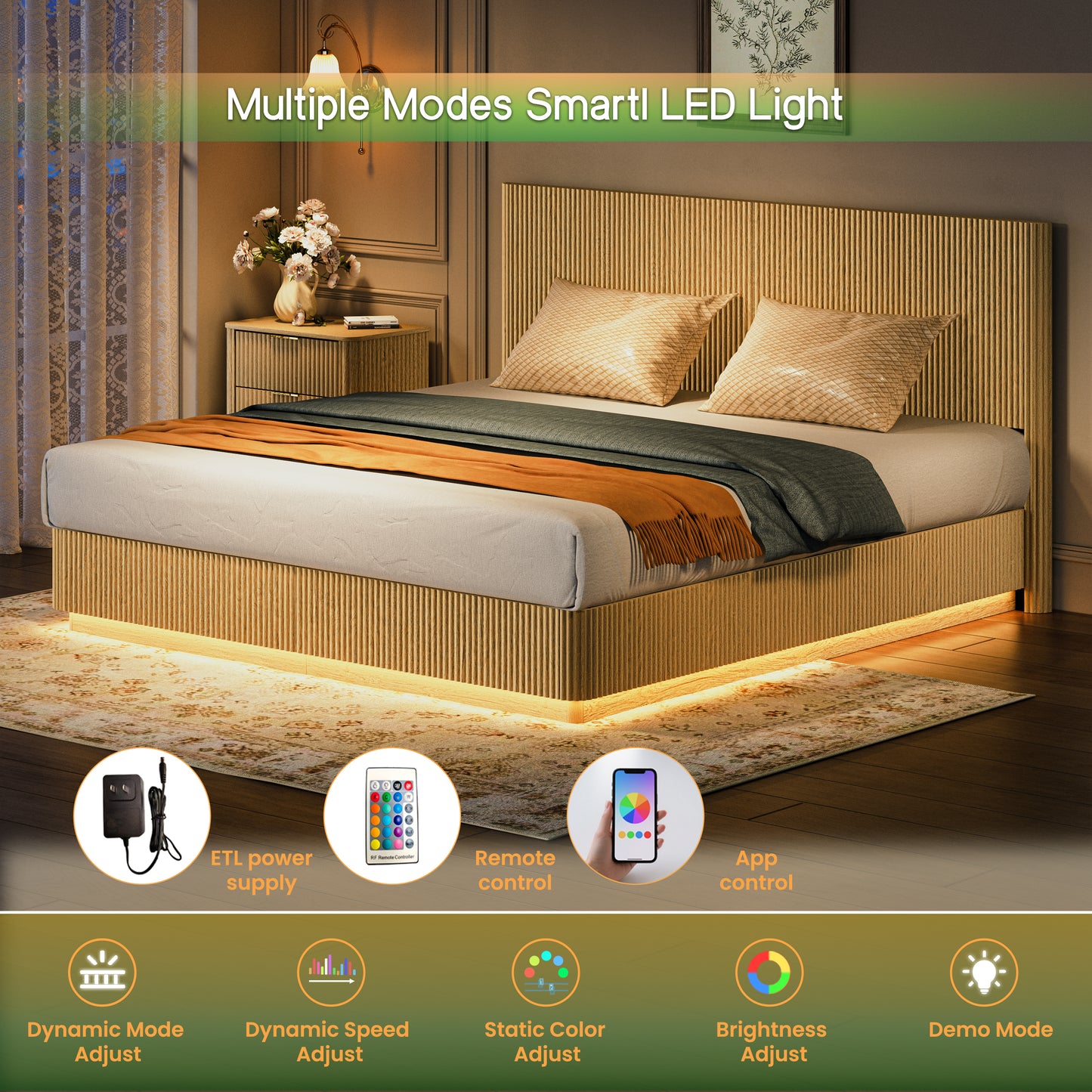 Kind Size Bed Frame With LED Lights, Modern Wooden Corrugated Curved Lines, Convex Groove Board Design, Oak.