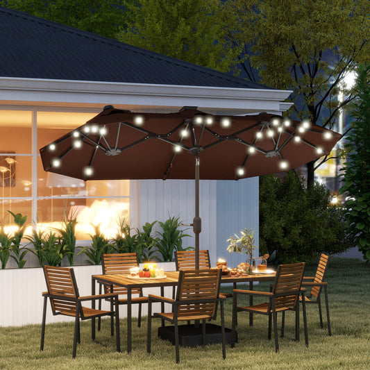 Double-sided Outdoor Patio Umbrella With Solar Lights And Base, Dining Table Umbrella Push Button Tilt, Coffee
