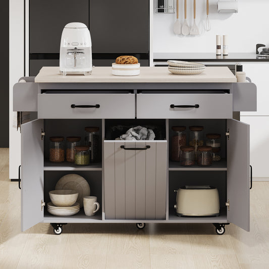 K&K Kitchen Island With Trash Can Storage Cabinet, Kitchen Cart With Drop Leaf, Spice Rack, Towel Rack And Drawer, Rolling Kitchen Island On Wheels With Adjustable Shelf, Grey