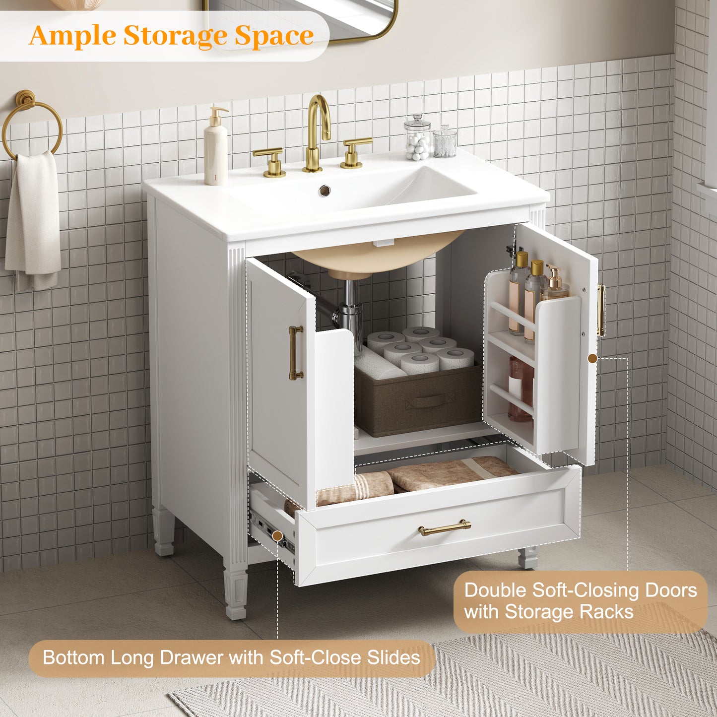 Video 30 Elegant Fluted Bathroom Vanity With Ceramic Sink, Single Box Shipping, Solid Wood Legs, Soft-Close Doors & Drawer, Door Shelf, White