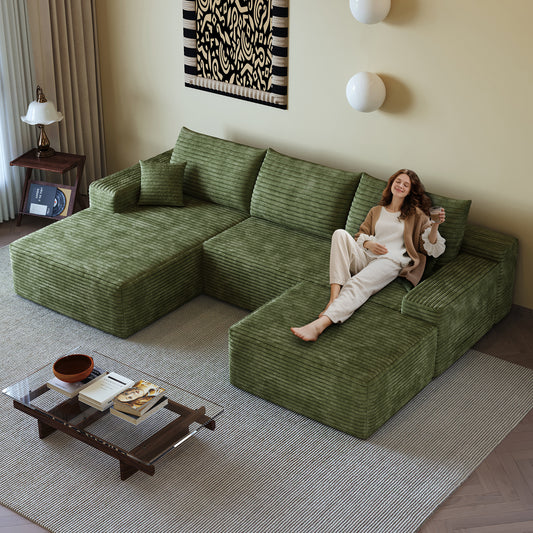 107 Cloud Sectional Sofa With 1 Ottoman,Modern Minimalist Upholstered Couches,Comfort U Shaped Sofa For Living Room,Deep Seat Corner Couch,No Assembly Required Plush Corduroy Fabric ,Green