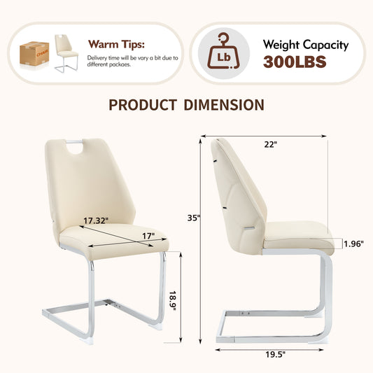 Dining Chairs Set Of 2, Off White Faux Leather Kitchen Chairs With Gold Mesh Texture, Silver Back Ring And Chrome Pull Handle, High Back Upholstered Dining Room Chair Off White, Set Of 2