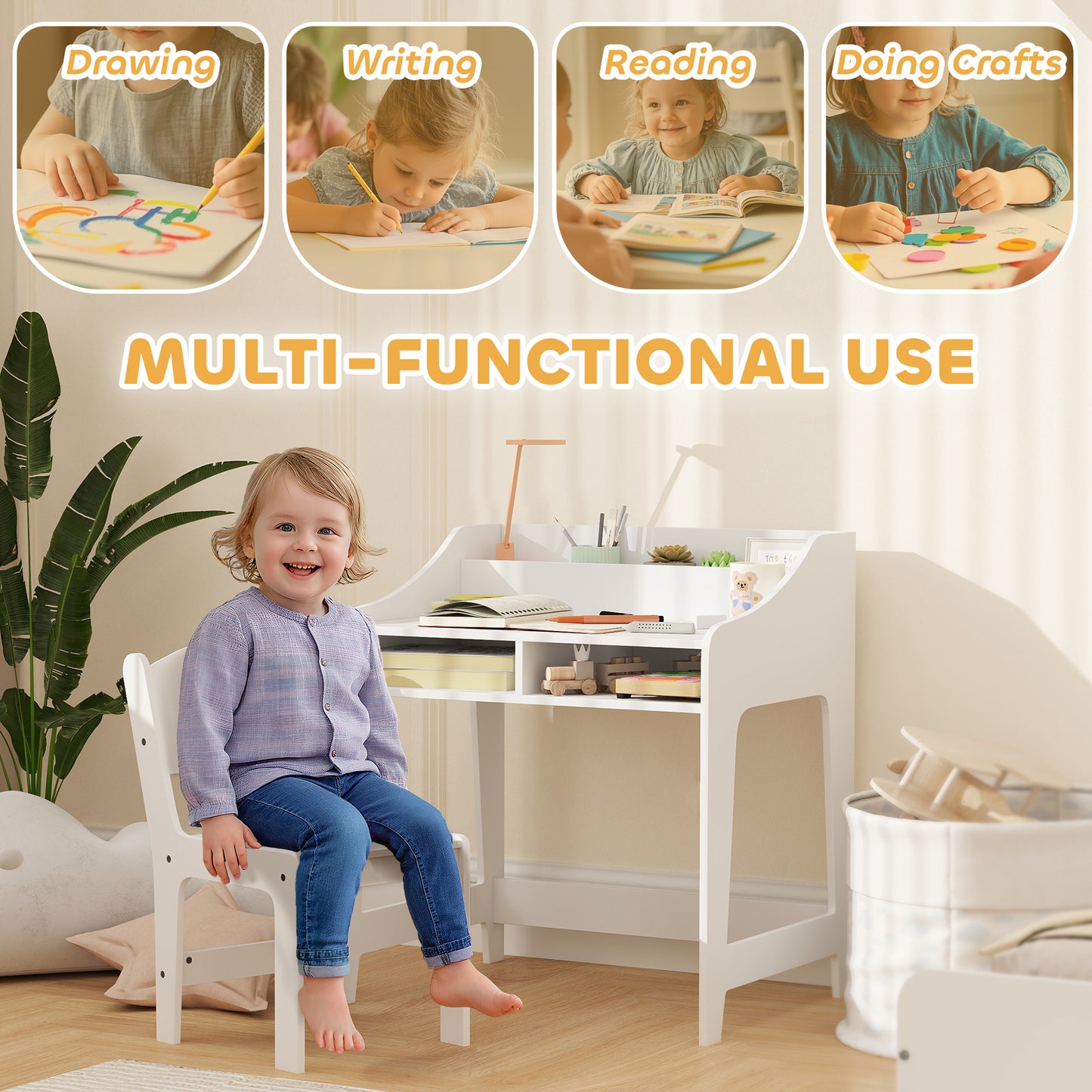 Kids Desk And Chair Set With Storage And Shelves, For Bedroom & Study Room, Gift For 3-8 Years Old, White