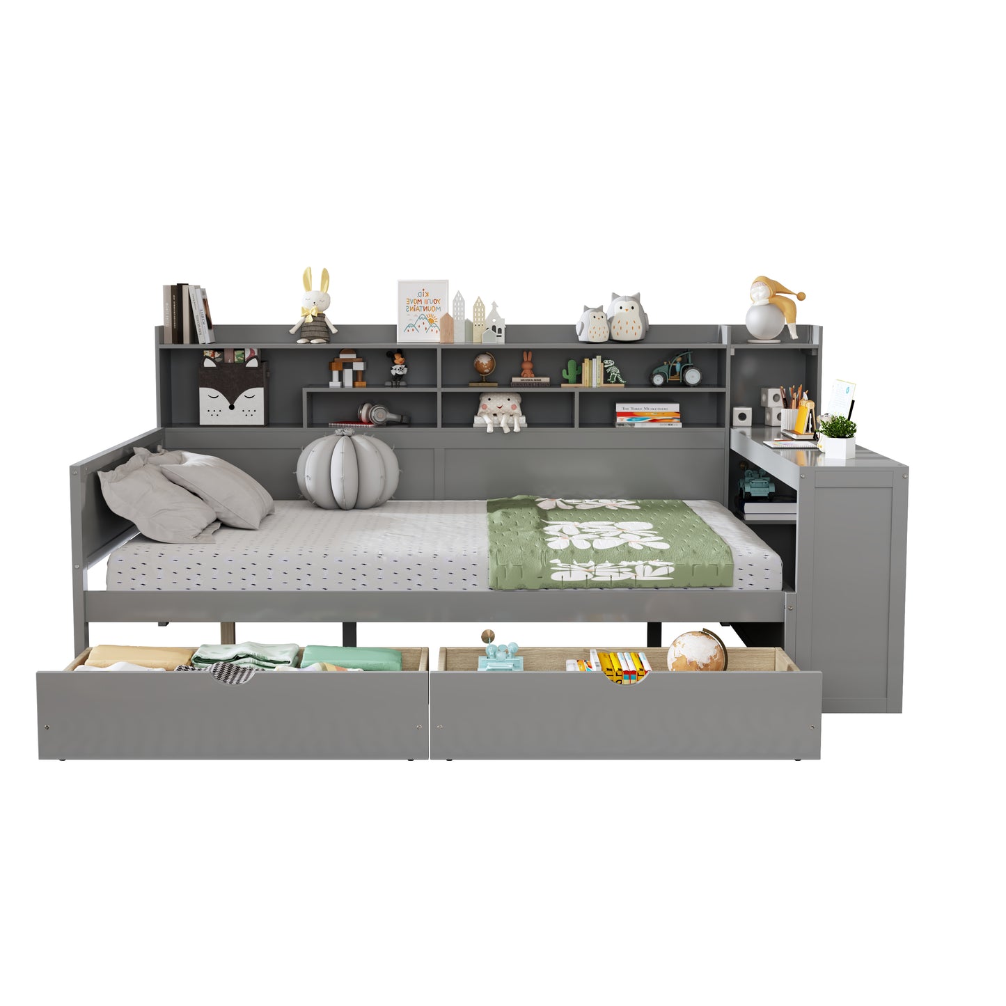 Wooden Full Size Daybed With Storage Shelves, Multi-functional Bed With Two Storage Drawers And Study Desk, Gray