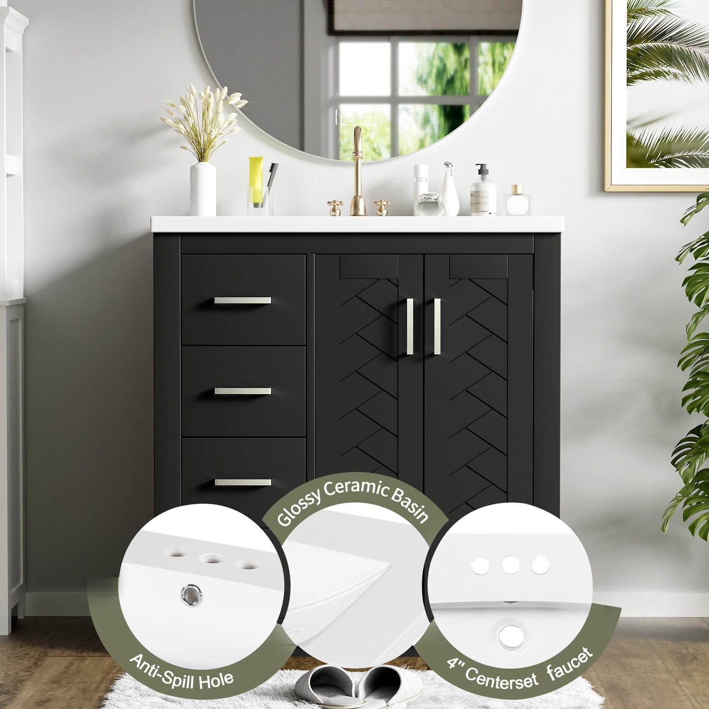 30'' Bathroom Vanity With Ceramic Sink Combo,Solid Wood Frame Bathroom Storage Cabinet, Freestanding Vanity Set With 3 Drawers& Soft Closing Doors