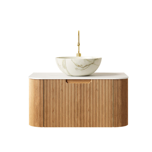 DINA 30 Bathroom Vanity&Sink, Floating Curved Edges Striped Storage Cabinet With Drawer, Matte Stone White Bowl Ceramic Basin&Carrara White Sintered Stone Top, Pre-assembled, Natural Woodgrain Color