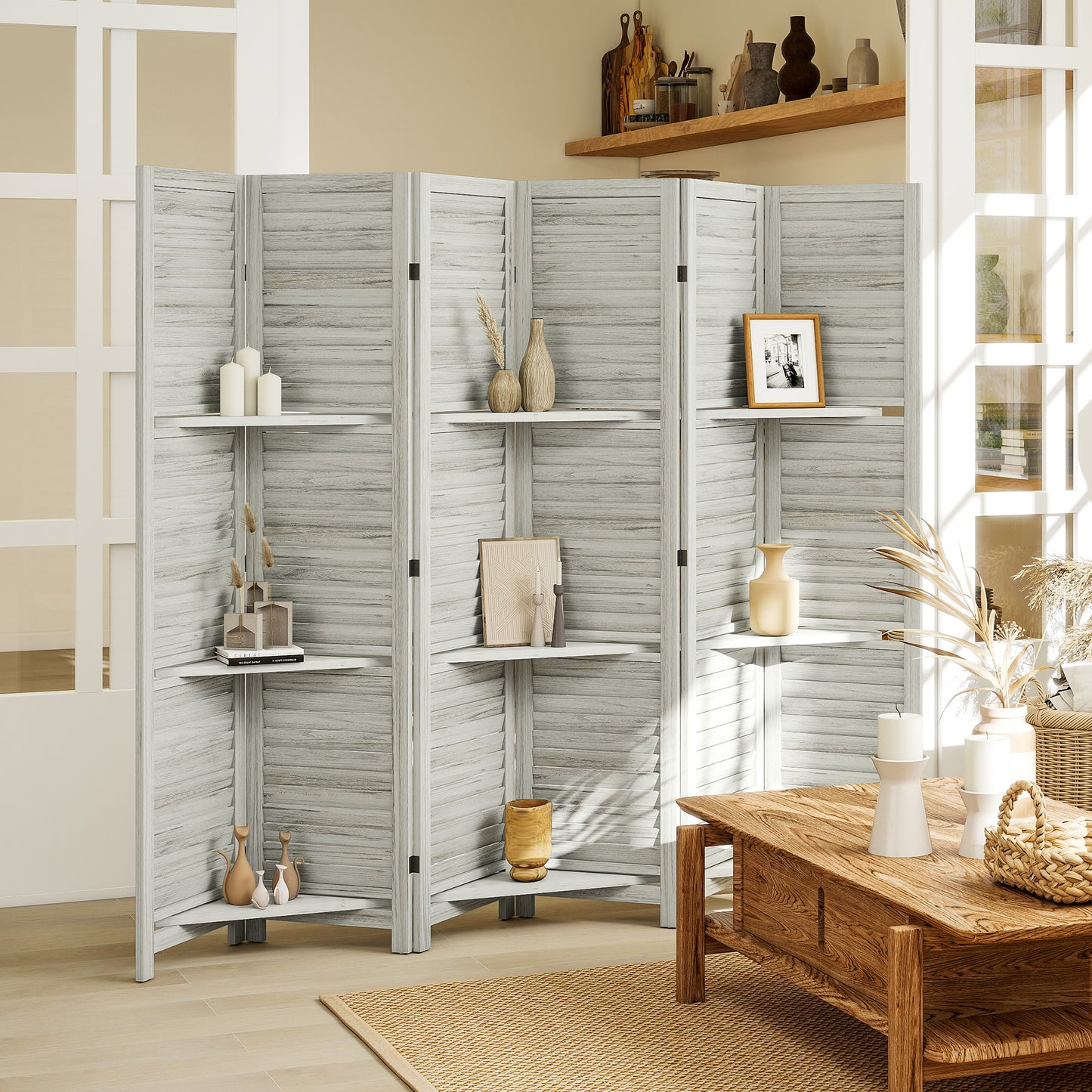 6 Panel 67" Tall Wood Privacy Screen Room Divider With 3 Shelves And Folding Storage For Bedroom, White