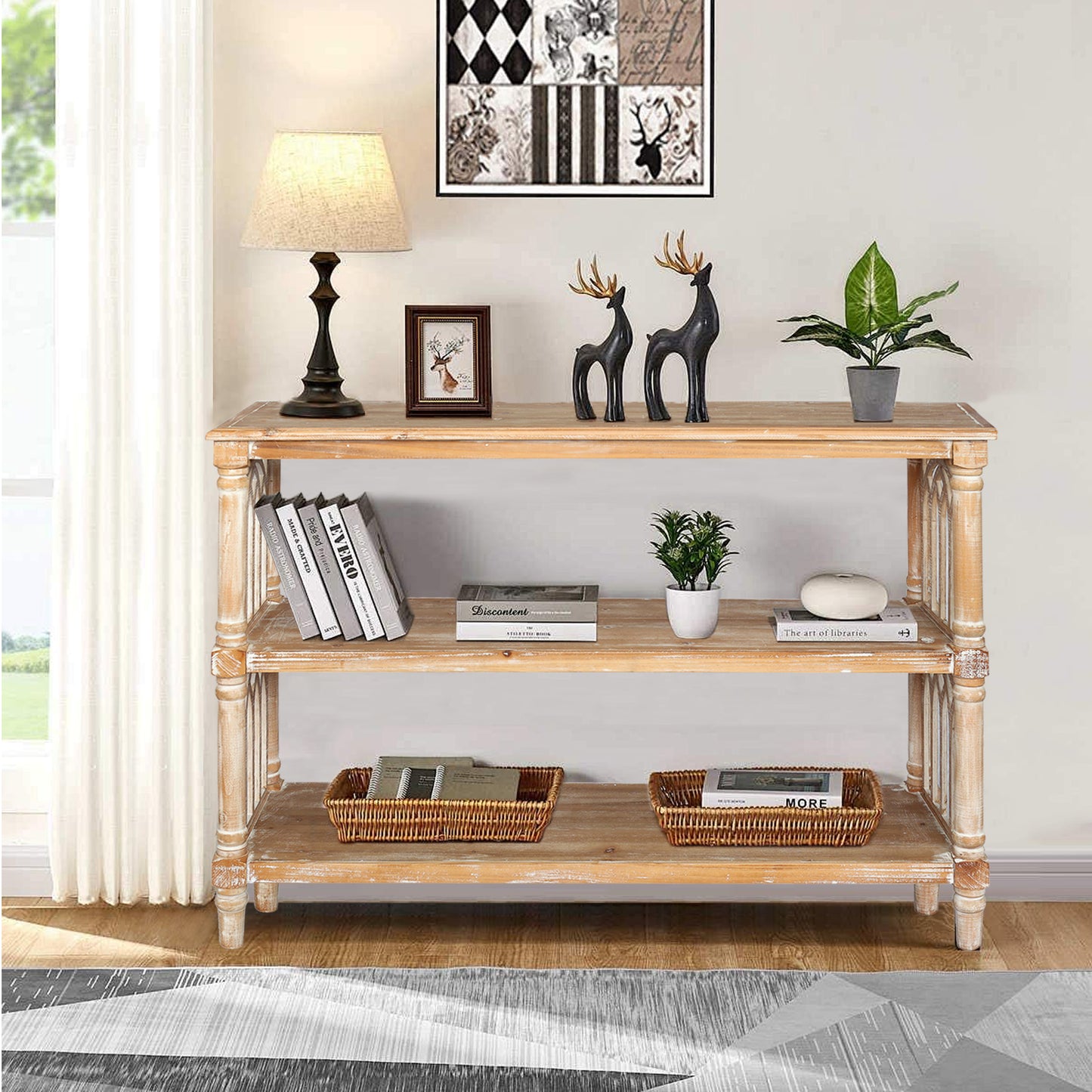 Rustic 3 - Tier Console Table With Gothic - Inspired Details, 47.24 Long Wooden Entryway Table For Living Room And Hallway