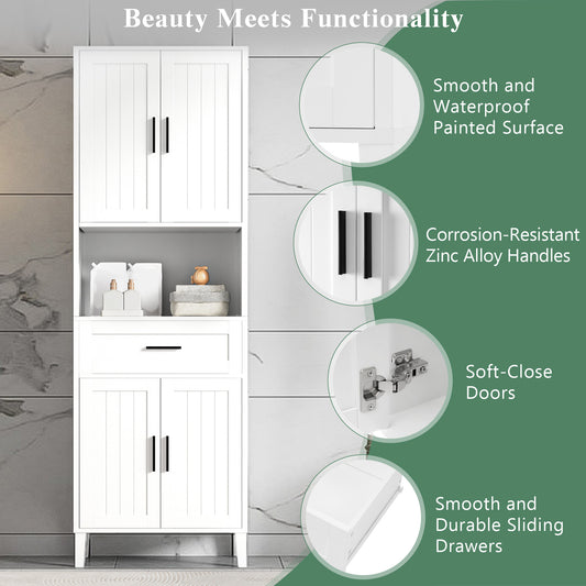 70.9 High Freestanding Tall Bathroom Cabinet With A Drawer, 2 Cabinets, 4 Soft-Close Doors, 2 Adjustable Shelves, Open Storage, For Bathroom, Living Room, Laundry Room