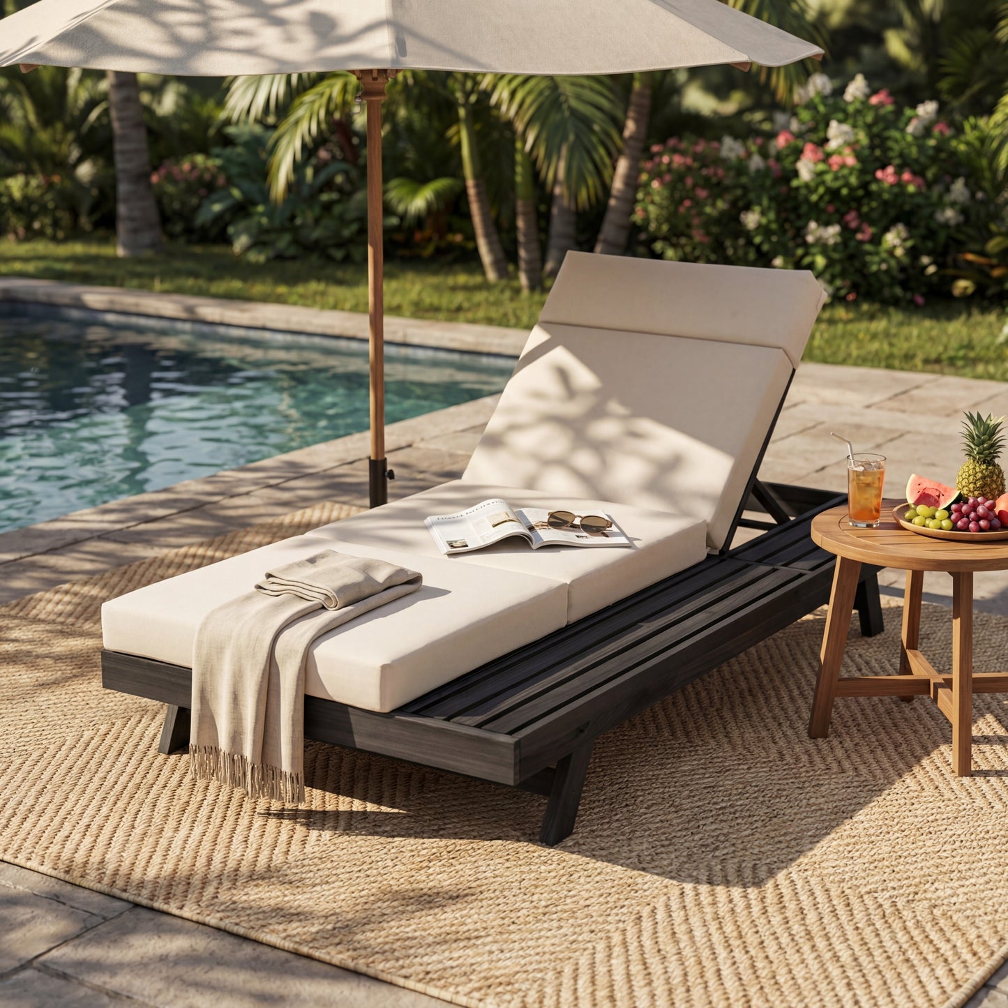 Lounge Chaise Set With Headrest, Space Available On One Side, Acacia Wood In Black With Water-Resistant Lounge Cushions Beige & 3-Fold & 4 Inch -Matching Dark Grey Cream Version Available