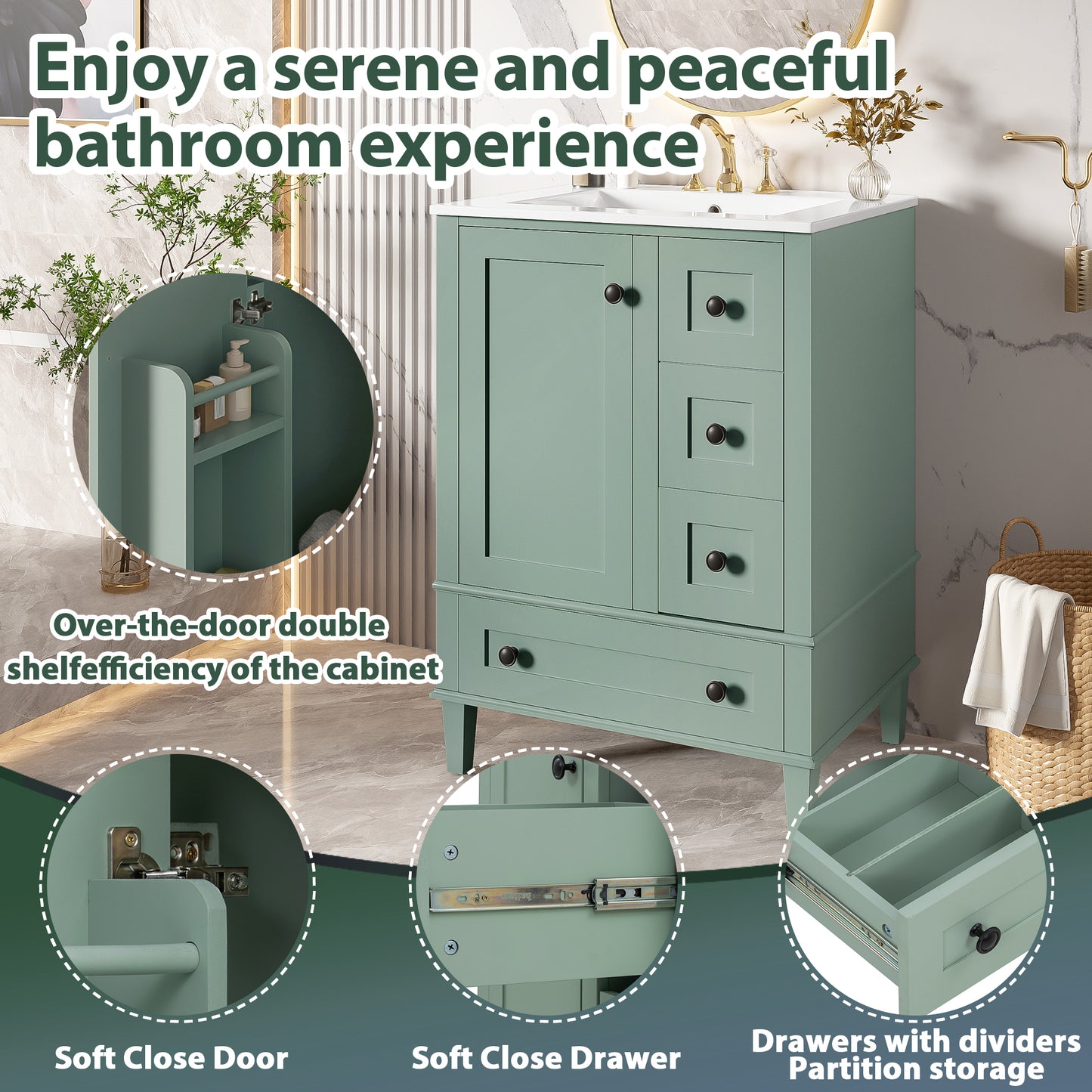 24-inch Light Green Bathroom Vanity With An Integrated Ceramic Basin, Featuring A Door-mounted Double-layer Shelf, Soft-close Drawers, And A Soft-close Cabinet Door