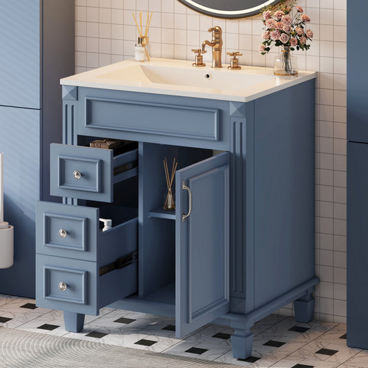 24 Bathroom Vanity With Ceramic Sink, Small Bathroom Sink Cabinet, Modern Cabinet With 2 Drawers And Adjustable Shelf