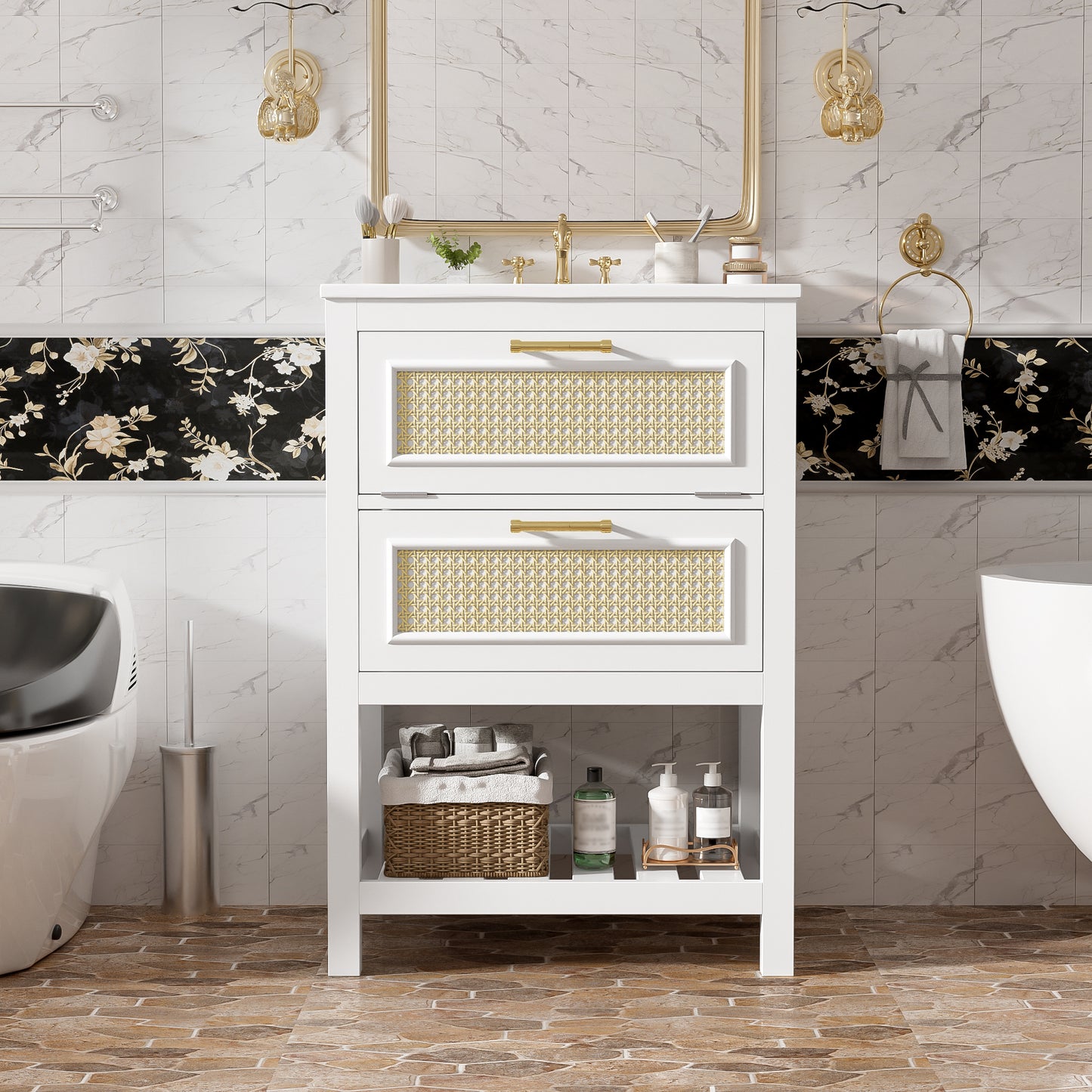 24 Bathroom Vanity With Integrated Ceramic Sink, Bathroom Cabinet With 1 Deep Drawer, 1 Tip-Out Drawer, Single Sink Bathroom Vanity For Small And Medium Restroom