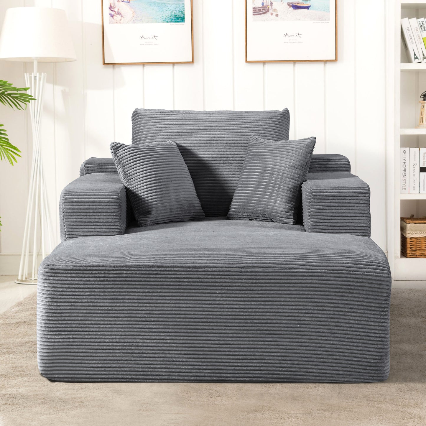 Convertible Chaise Lounge Chair Indoor Oversized Corduroy Couch With Wide Armrest & Throw Pillows, Cozy Boneless Sleeper Sofa Bed Armchair, For Living Room, Bedroom, No Assembly Required, Dark Grey