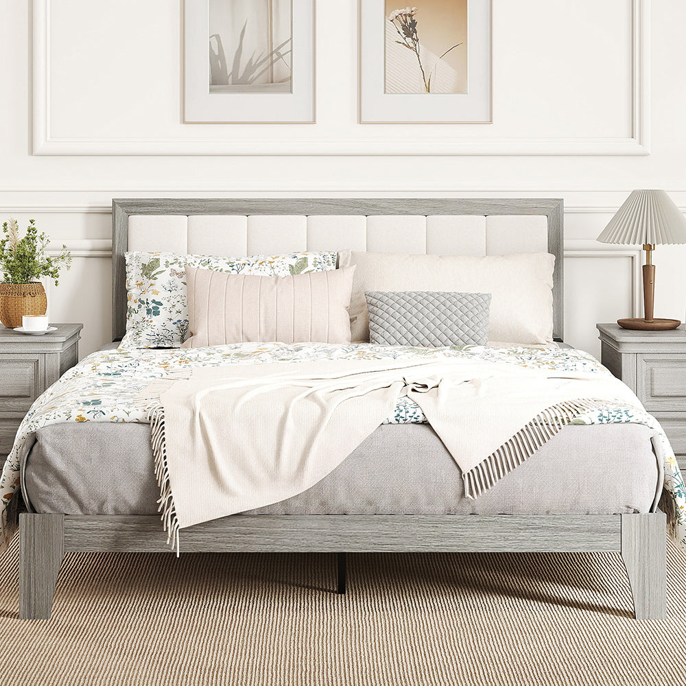 Bed Frame With Headboard Platform Bed Frame Linen-look Fabric With Wooden Slats No Needed Easy Assembly Support Up To 726 Lbs