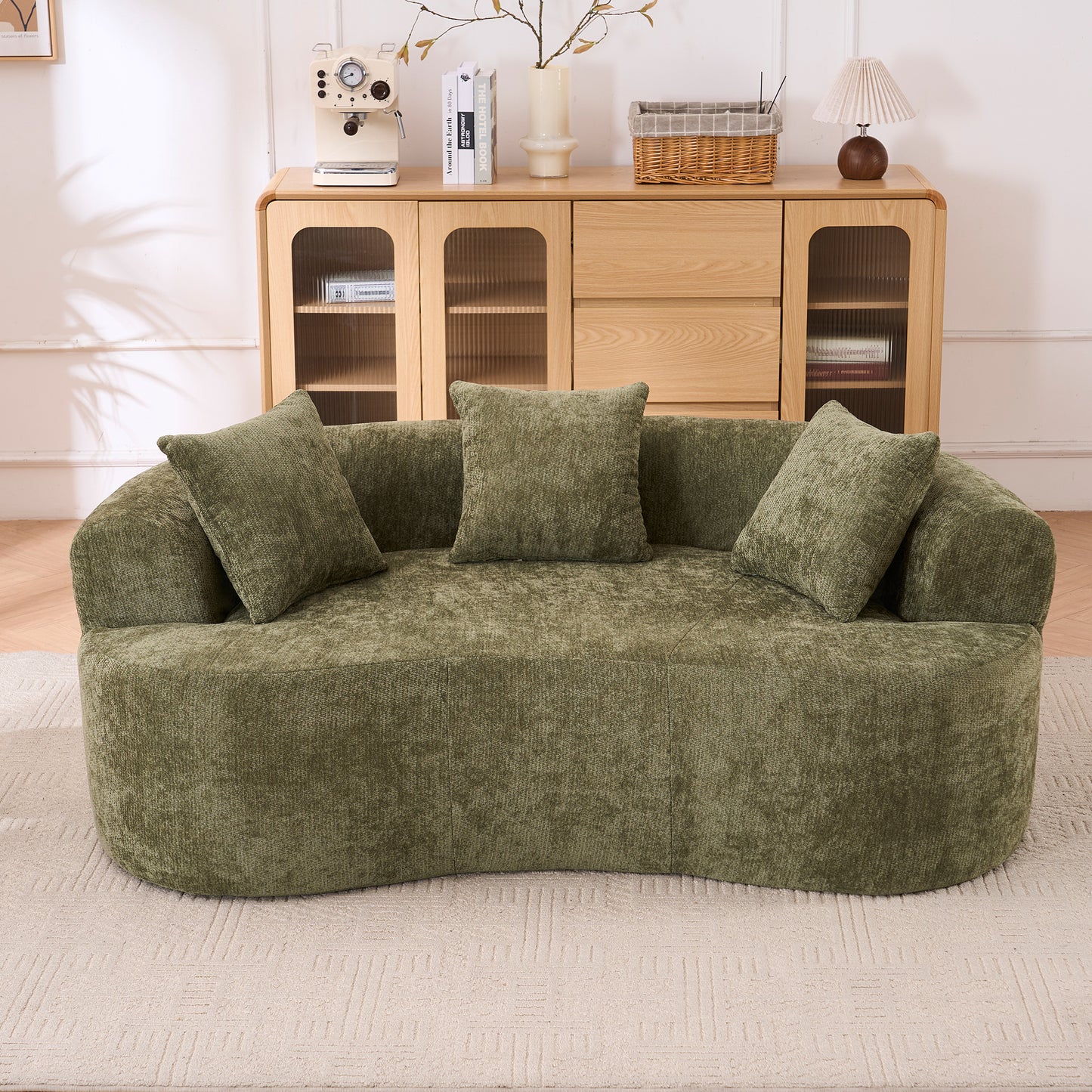Crescent-shaped Sofa, Modern Low-back Design With Deep Cushions, Self-inflating Foam-filled Large Two-seater Sofa Requiring No Assembly. Green Chenille Fabric