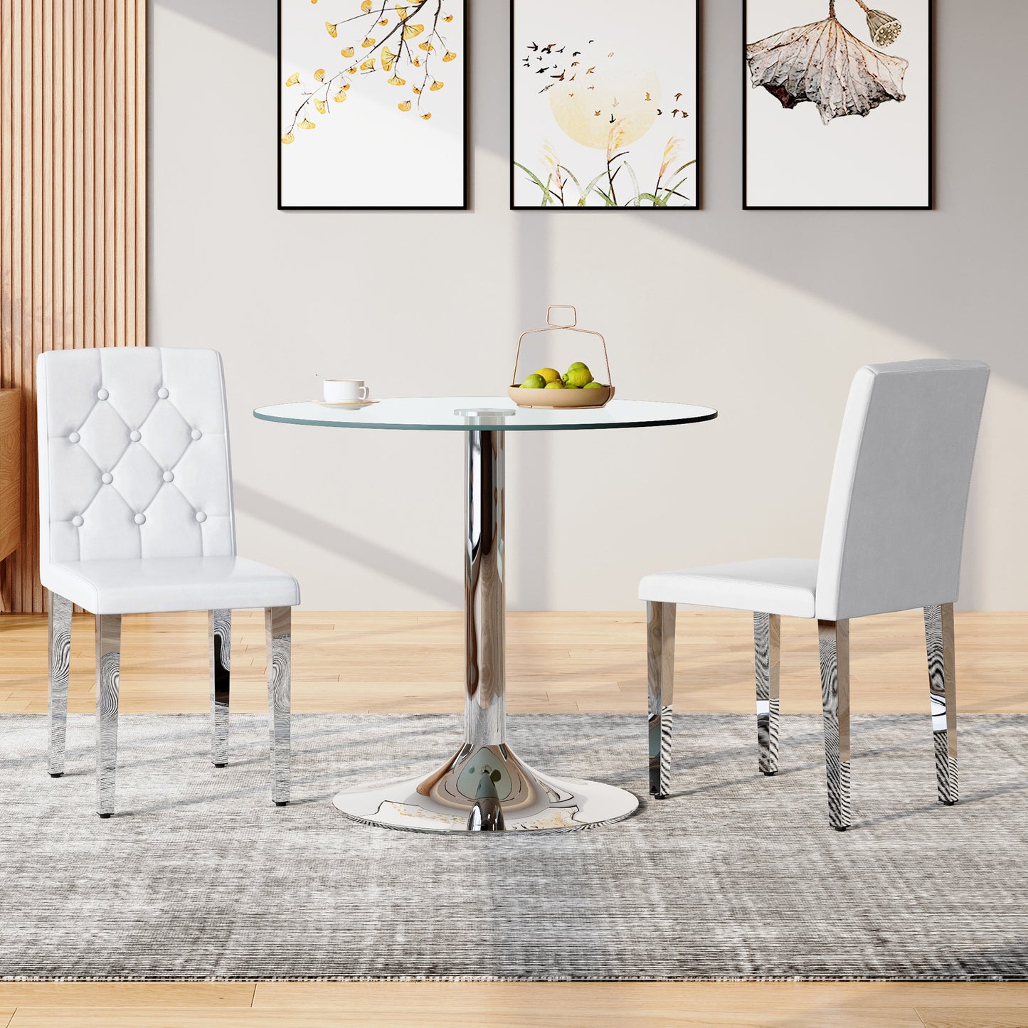 2-pack White PU Dining Chairs Ergonomic Buckle Backrest, 35 Inches High, Silver Metal Legs,Combines Comfort And Texture.Perfectly Suitable For Family Dining Rooms,hotel Banquet Halls,etc.