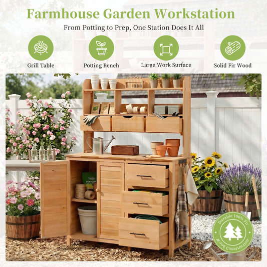 With Assembly Video TOPMAx Farmhouse Patio Potting Bench 44.6 X19.5 Large Freestanding Garden Workstation With 6 Drawers Bottom Cabinet And Side Hook Outdoor Kitchen Island Natural Wood