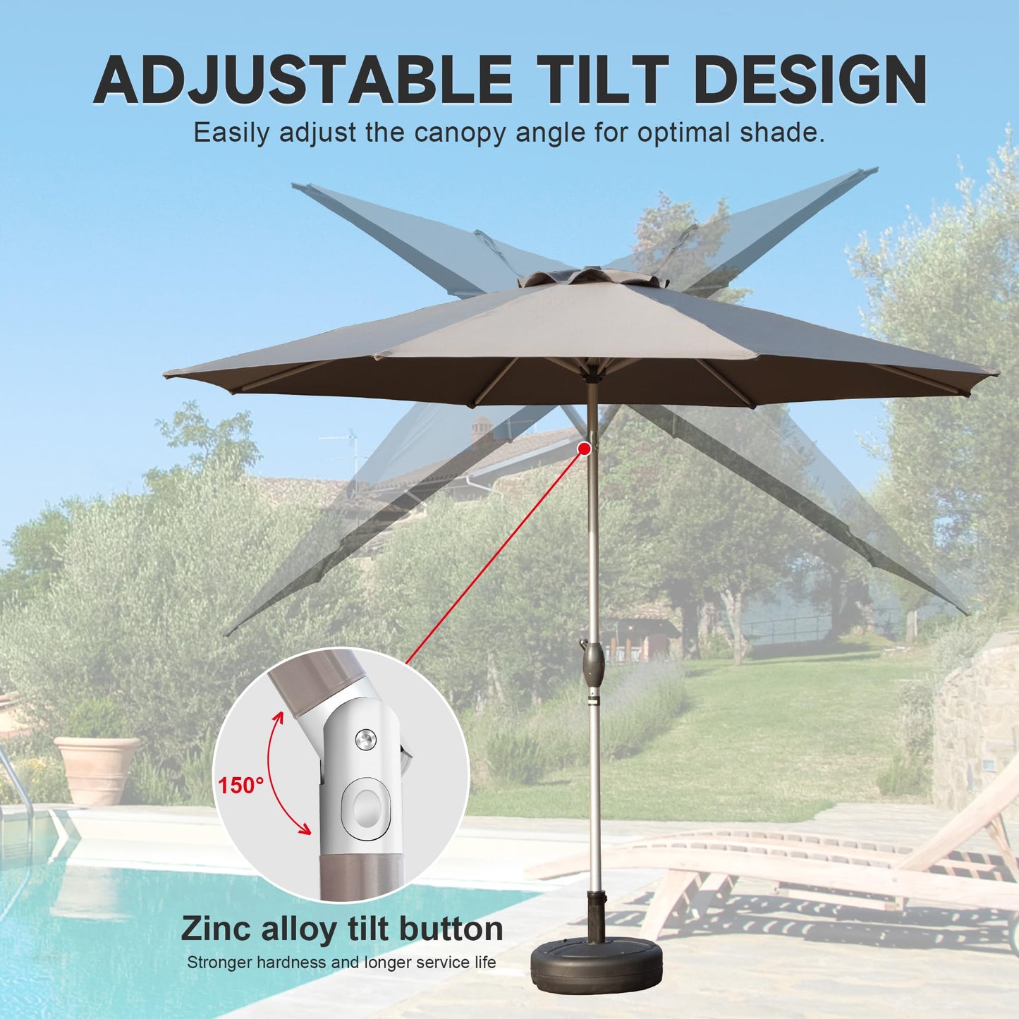 9FT Patio Umbrella, Outdoor Table Umbrella With Push Button Tilt And Crank, UV Protection Waterproof Market Sun Umbrella With 8 Sturdy Ribs For Garden, Deck, Backyard, Pool Gray