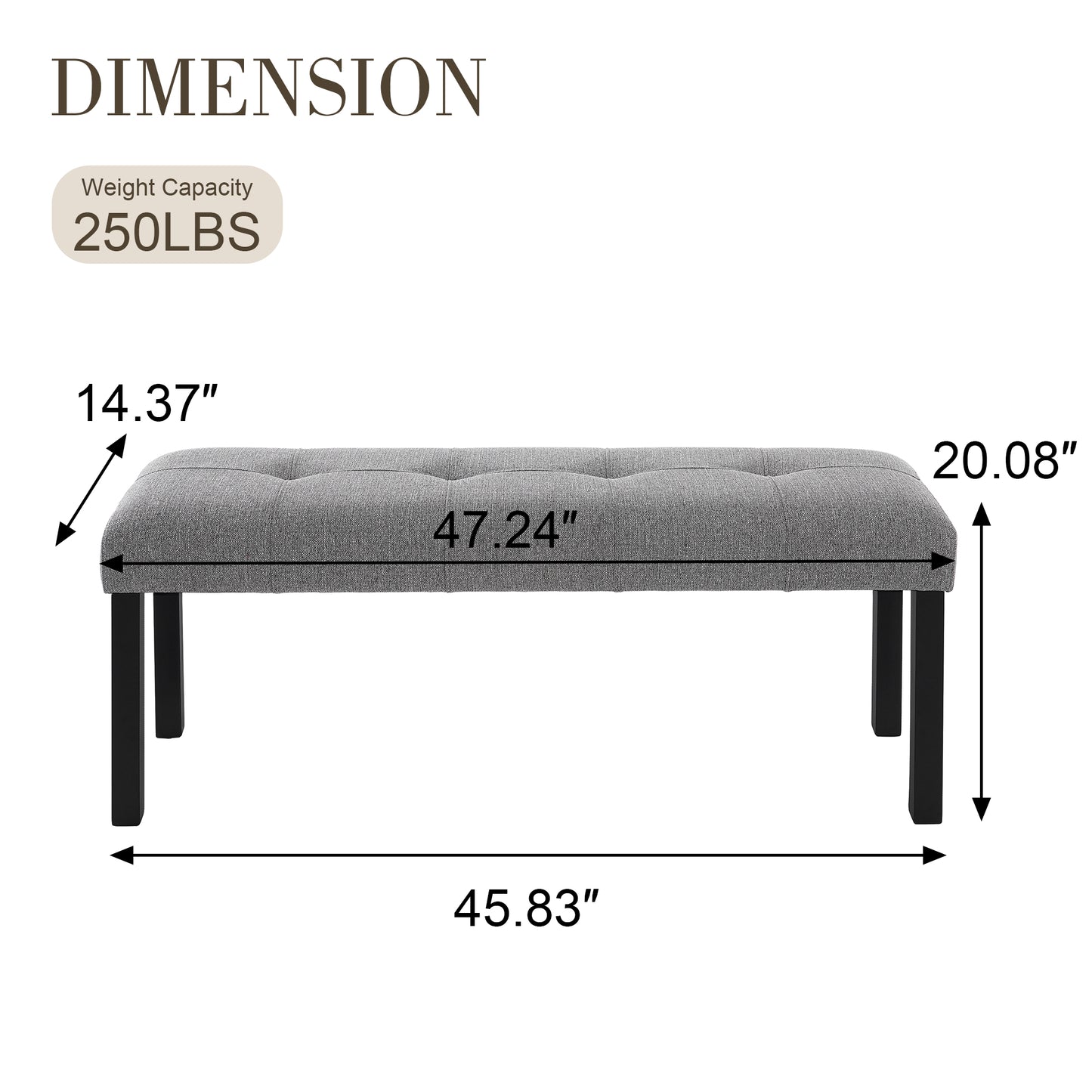 Modern Tufted Linen Dining Bench, Farmhouse Upholstered Entryway Bench With Black Rubber Wood Legs, Versatile For Kitchen, Bedroom, Hallway, Gray