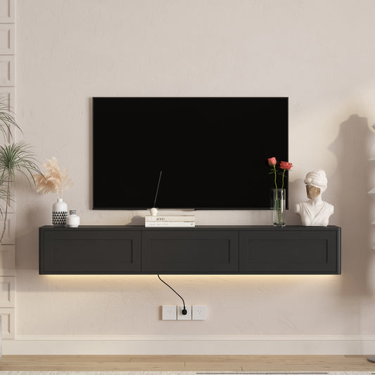 Floating TV Stand, Wall Mounted TV Shelf With Led Lights & Power Outlet,High Gloss TV Cabinet For Black Tv Stands For Living Room