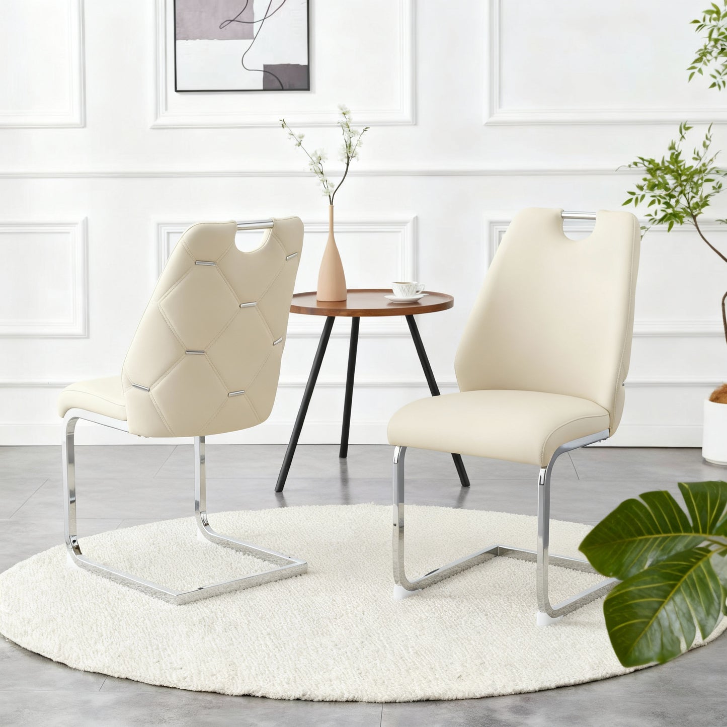 Dining Chairs Set Of 2, Off White Faux Leather Kitchen Chairs With Gold Mesh Texture, Silver Back Ring And Chrome Pull Handle, High Back Upholstered Dining Room Chair Off White, Set Of 2