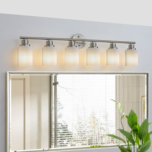 39 Modern 6-Light Vanity Wall Sconce, Brushed Nickel Finish With Frosted Glass Shades For Bathroom Or Hallway Lighting No Bulbs