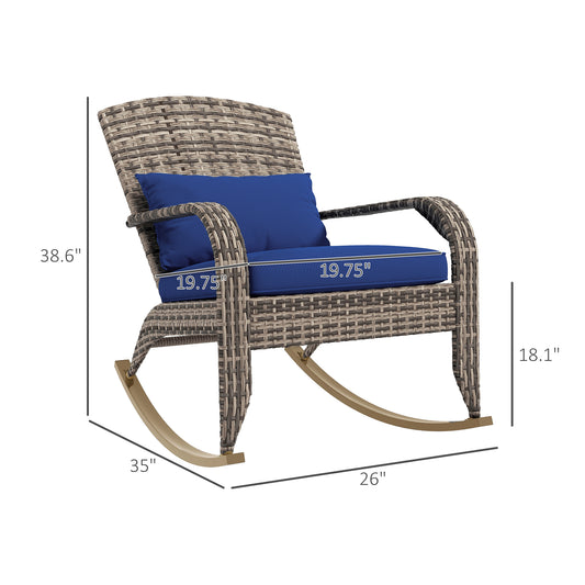 Adirondack Chair, Outdoor Wicker Rocking Chair With High Back, Seat Cushion, And Pillow For Porch, Balcony, Dark Blue