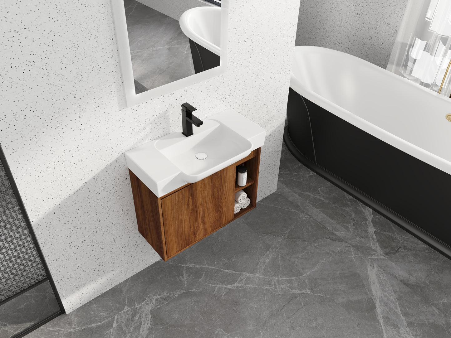 28 Wall-Mounted Bathroom Vanity With White Ceramic Sink & Soft-Close Door, KD-Packing