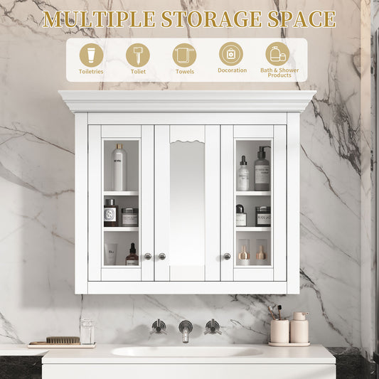 35 Bathroom Medicine Cabinet With Mirror, 5 Closed & Adjustable Shelves, Bathroom Wall Mounted Storage Cabinet With Glass Doors